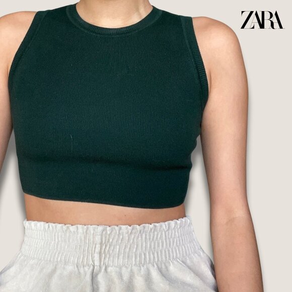 Dark Green Ribbed Crop Top - Picture 1 of 4